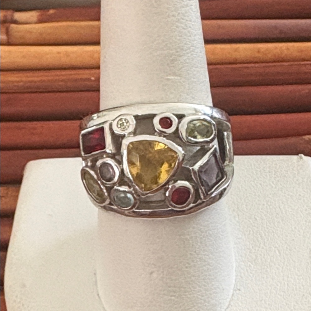 Lia Sophia Silver Multi-Stone Ring Yellow Center and Red & Green Accents Size 9